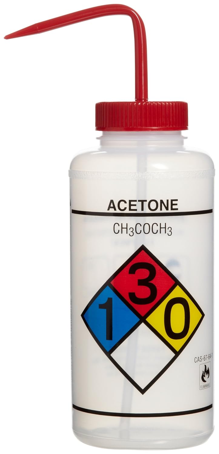 4-Color Acetone Wide-Mouth Wash Bottles; 1000ml (32oz), Polyethylene w/Red Polypropylene Cap (Pack of 4) X969527