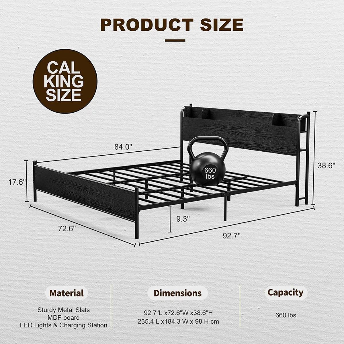 California King Metal and Wood Platform Bed Frame with Storage Shelf Headboard and Charging Station T46836
