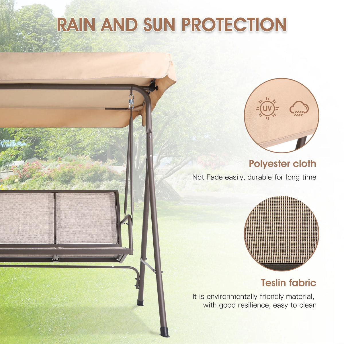 Outdoor Swing With Canopy, 3-Person, Beige C140