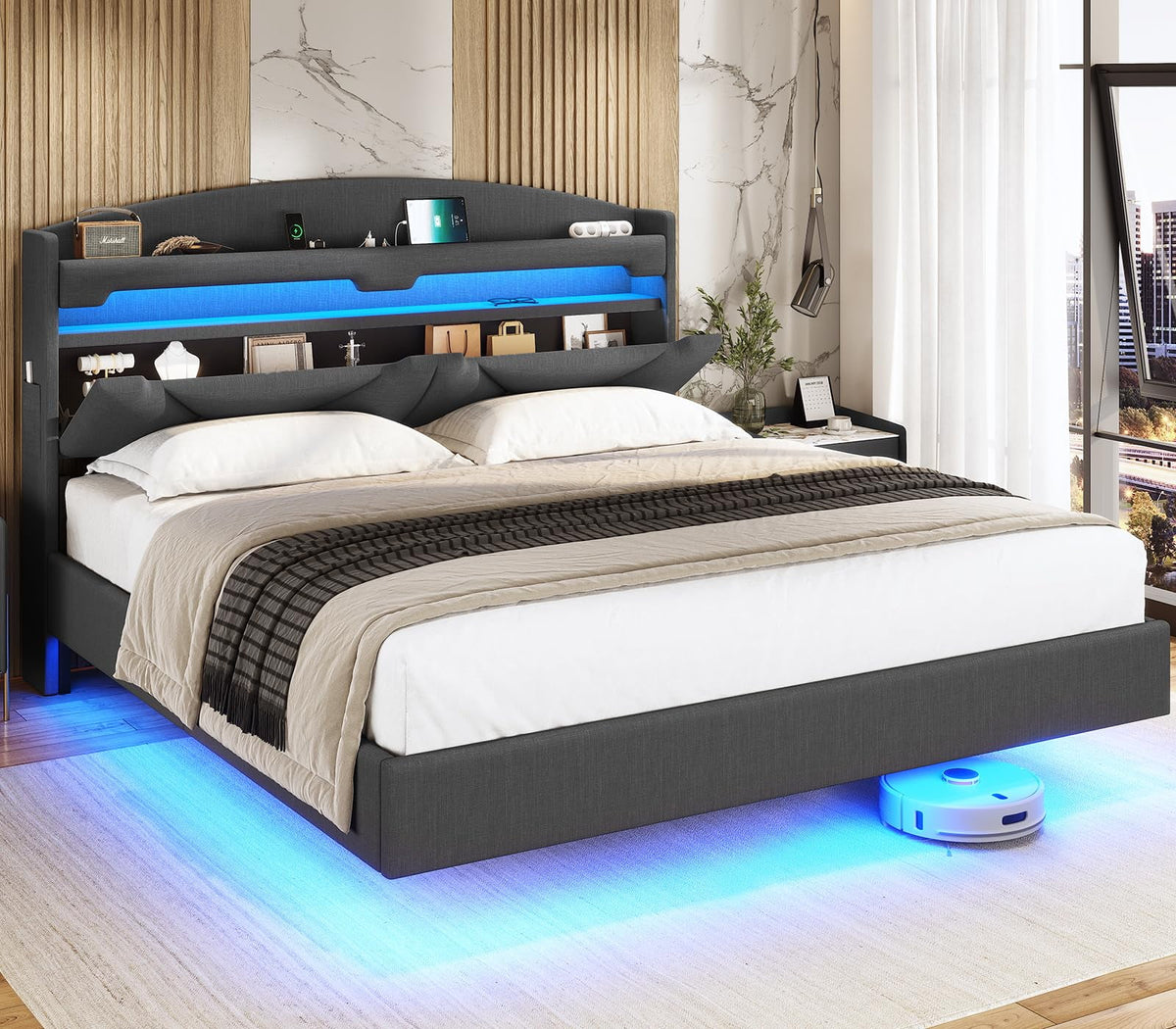 King Size Upholstered Platform Bed Frame with Storage Headboard and LED Lights S294