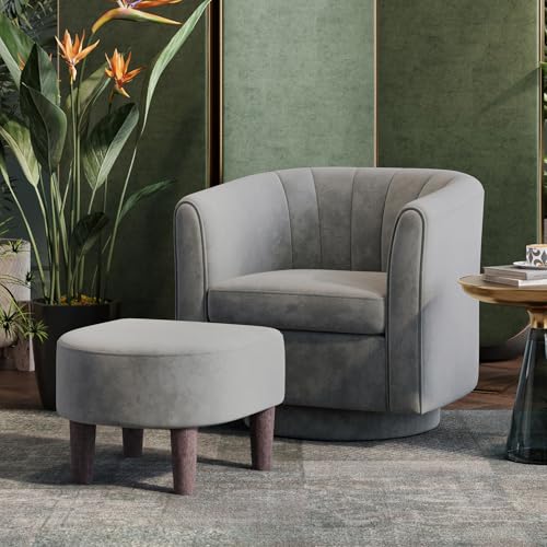 Gray Velvet Swivel Accent Chair with Ottoman D97152