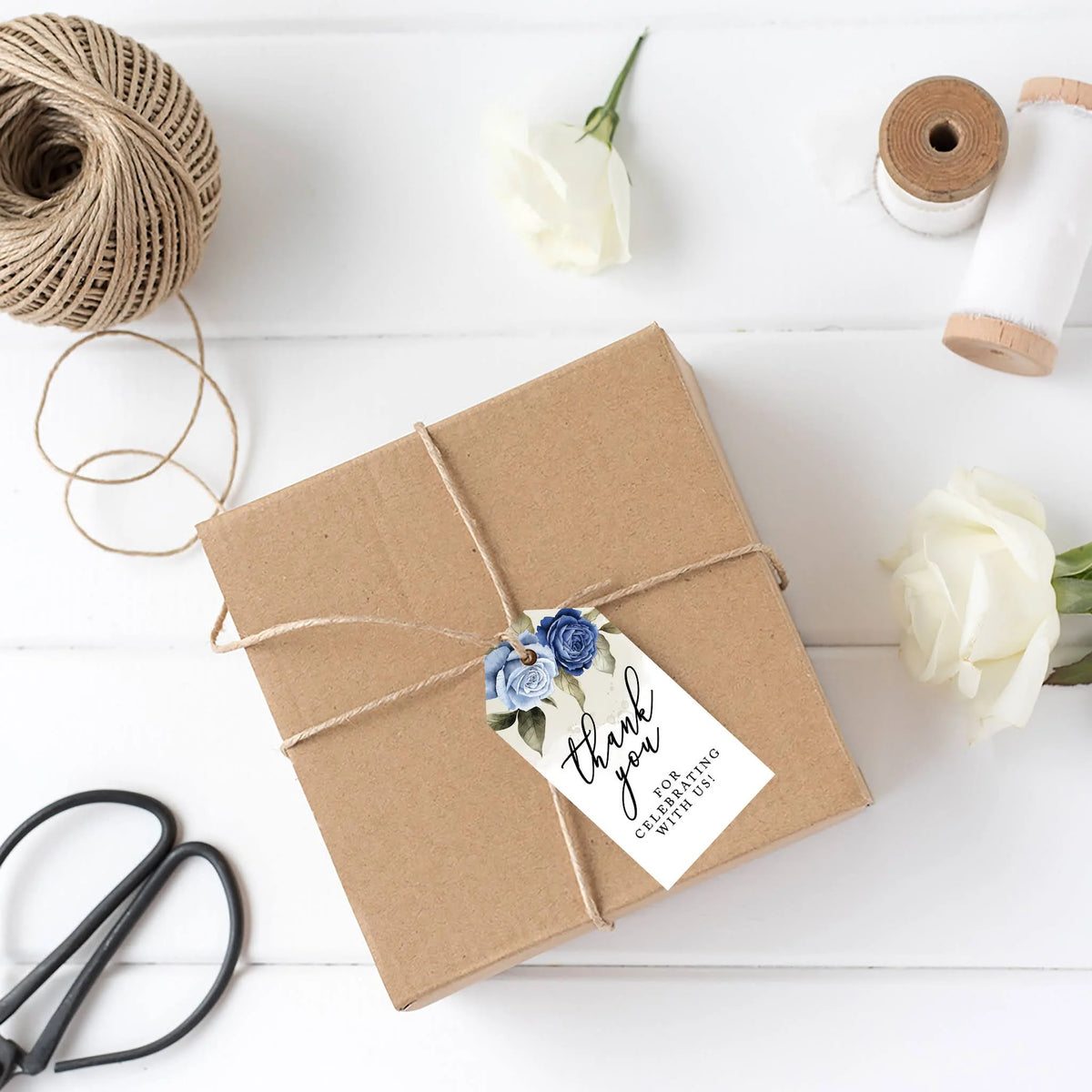 Icy Blue Roses Cardstock Gift Tags with Bakers 100-Pk D34806