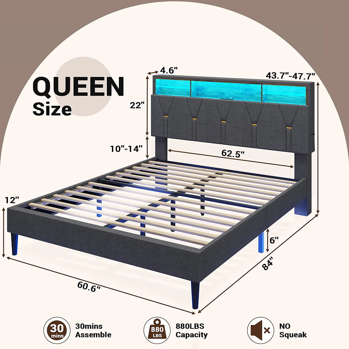 Queen Size Dark Grey Upholstered Platform Bed Frame F4646