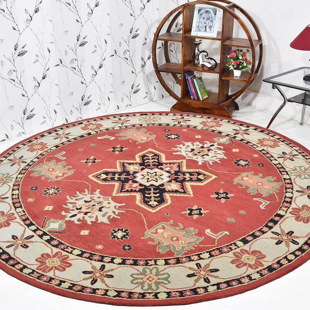 10'x10' Round Red Cream Hand Tufted Wool Area Rug S115