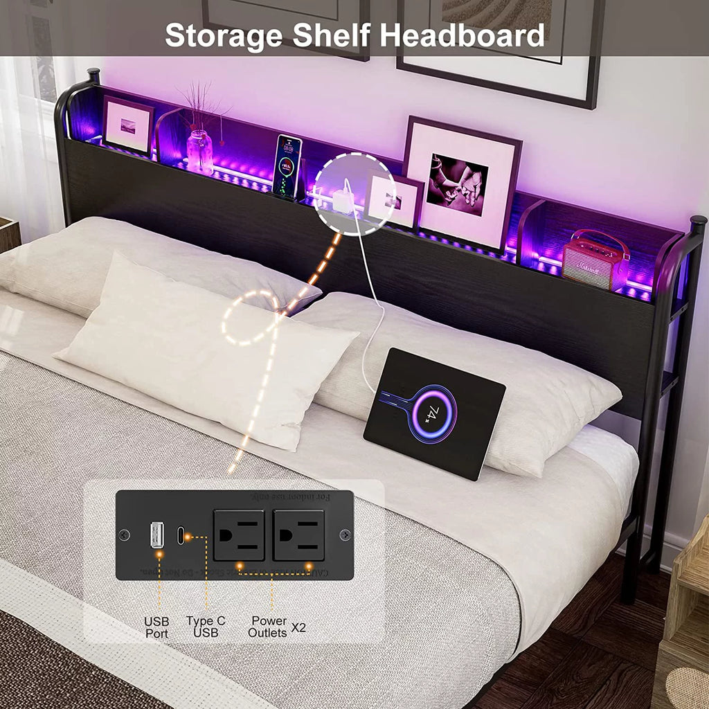 California King Metal and Wood Platform Bed Frame with Storage Shelf Headboard and Charging Station T46836