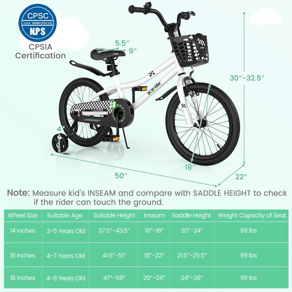 White 18 Inch Kids' Bike with Training Wheels and Basket Y45565