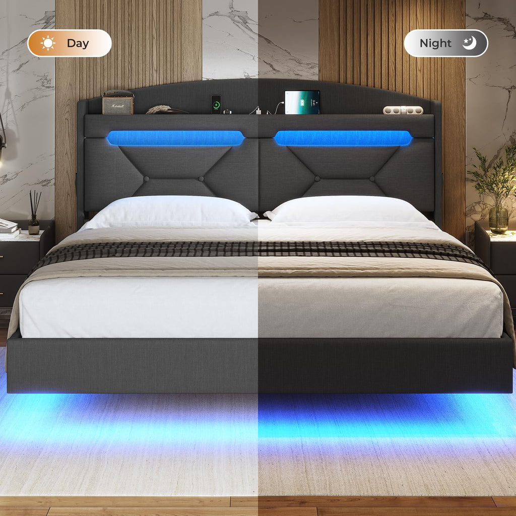 King Size Upholstered Platform Bed Frame with Storage Headboard and LED Lights S294