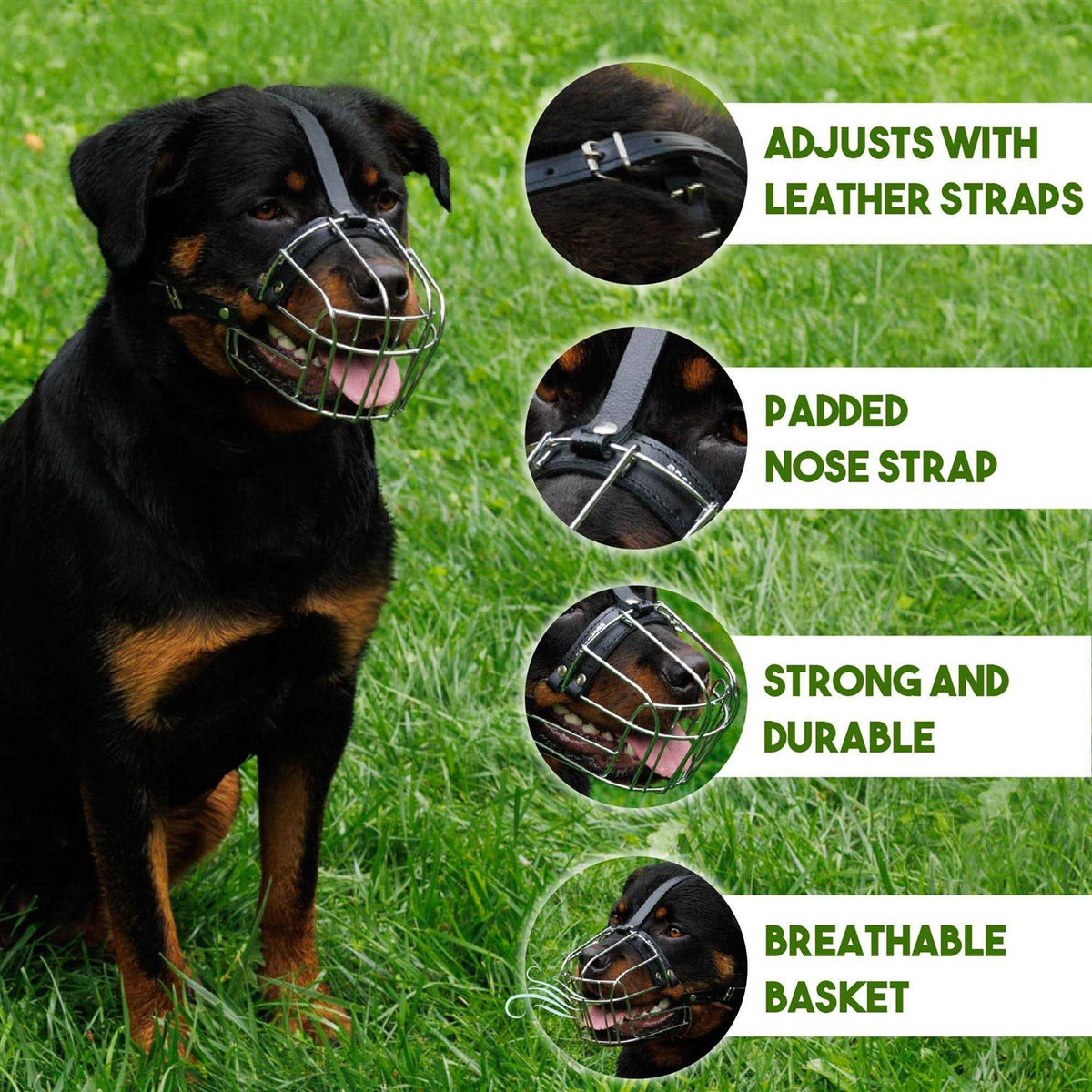 Dog Muzzle Wire Basket Adjustable Leather Straps F7073