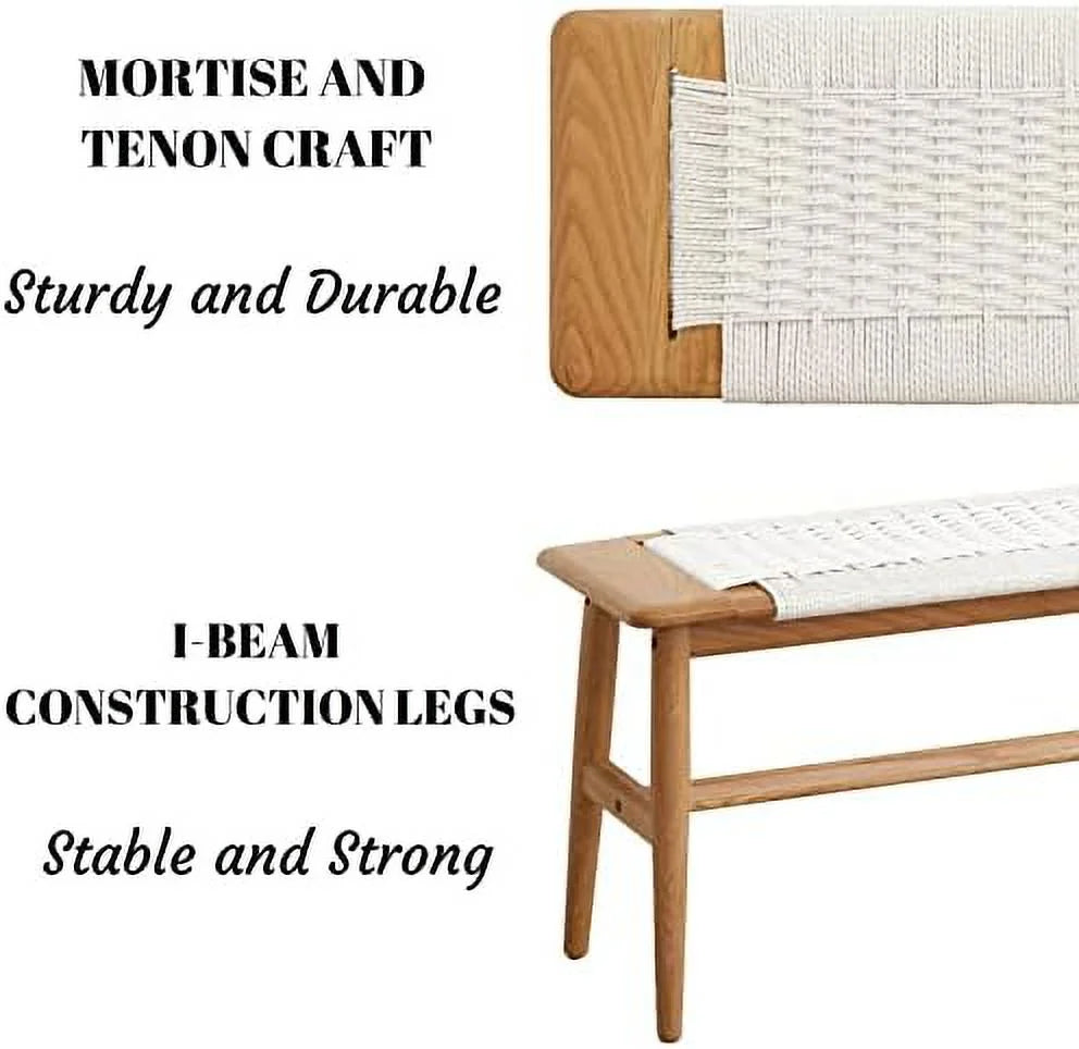 Wood Dining Bench Solid Oak with Rattan Design 31.49 inch S609