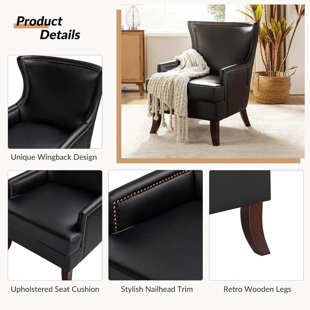 Black Faux Leather Wingback Accent Chair with Nailhead Trim J2055