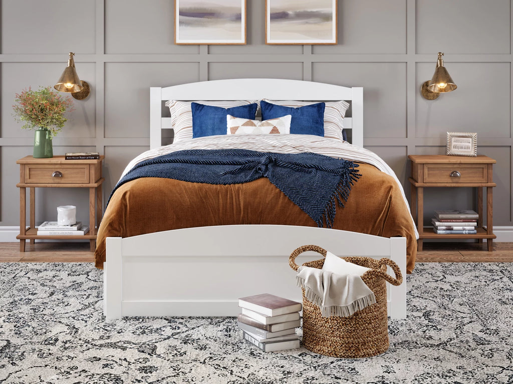 White Full Wood Platform Bed with Headboard and 2 Storage Drawers I52924