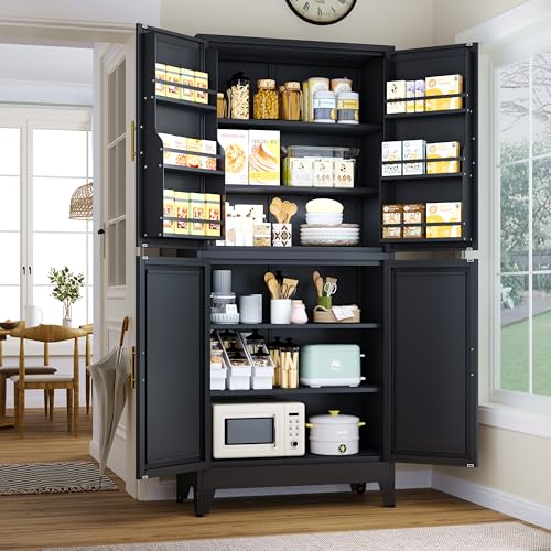 75.2" Tall Black Metal Pantry Cabinet with 4 Door and 4 Adjustable Shelves K332602