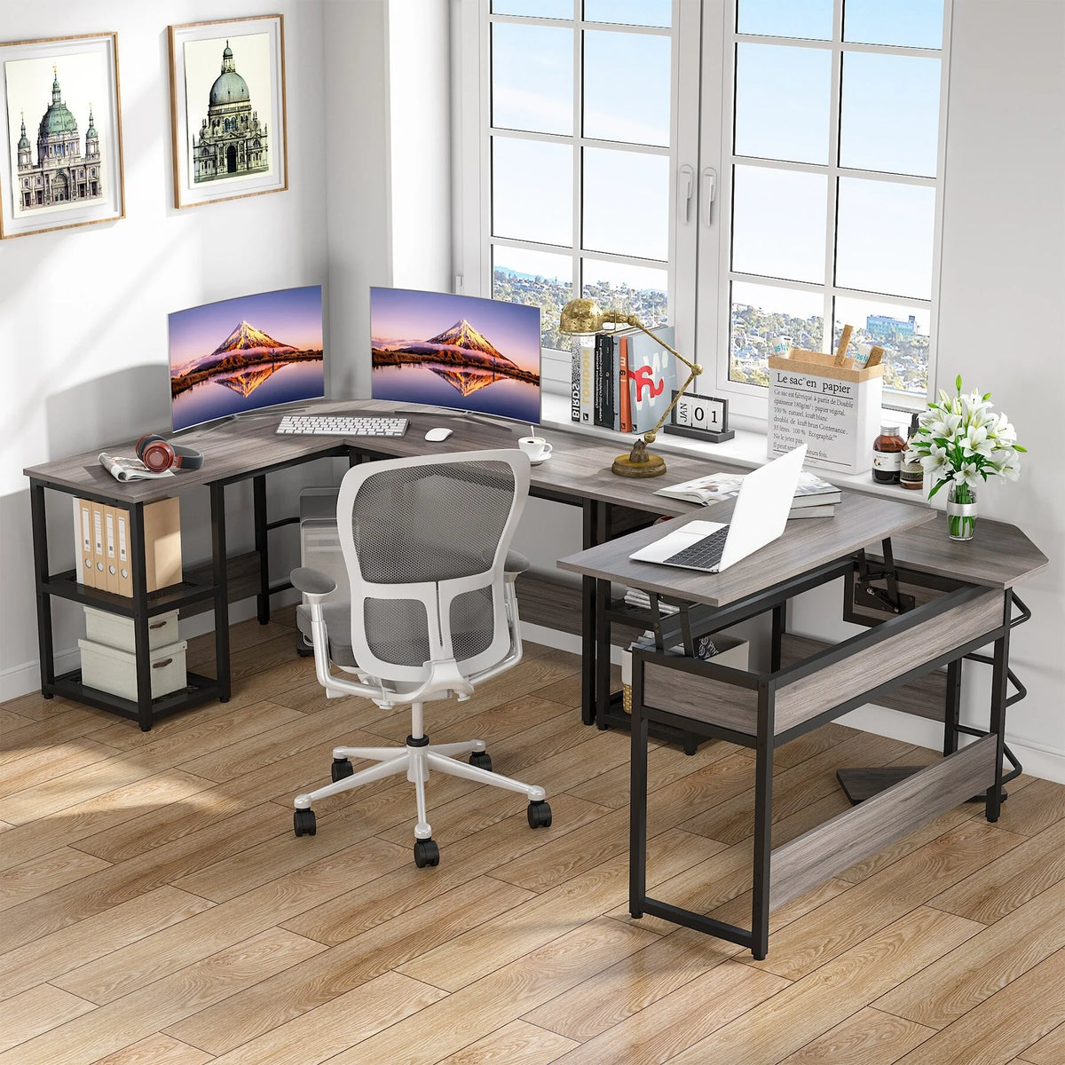 L-Shaped Height Adjustable Computer Desk with Shelves K282888