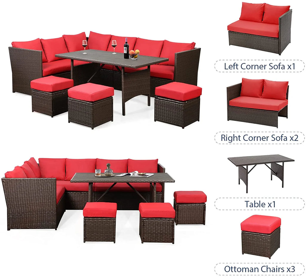 7 Pieces Brown Rattan Patio Furniture Set with Red Cushions I3176