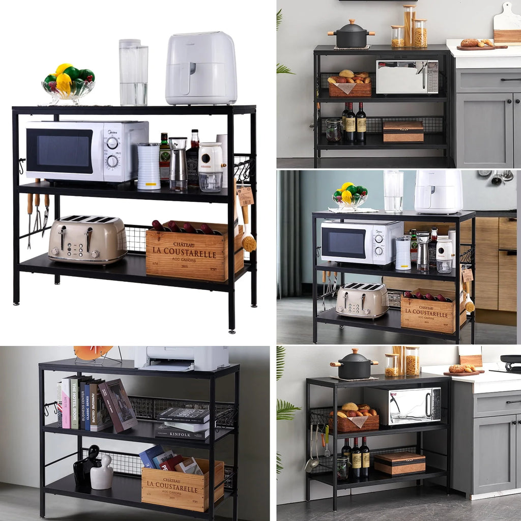 Rolling Kitchen Storage Cart with 3-Tier Shelves and 10 Hooks D920