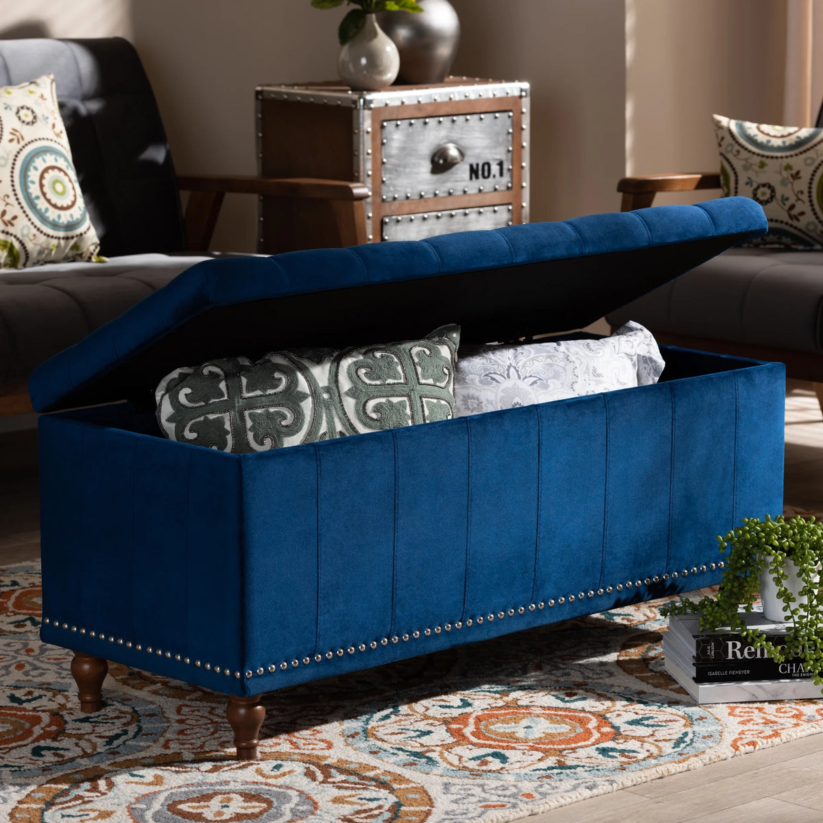 Navy Blue Velvet Button-Tufted Storage Ottoman Bench Y35639