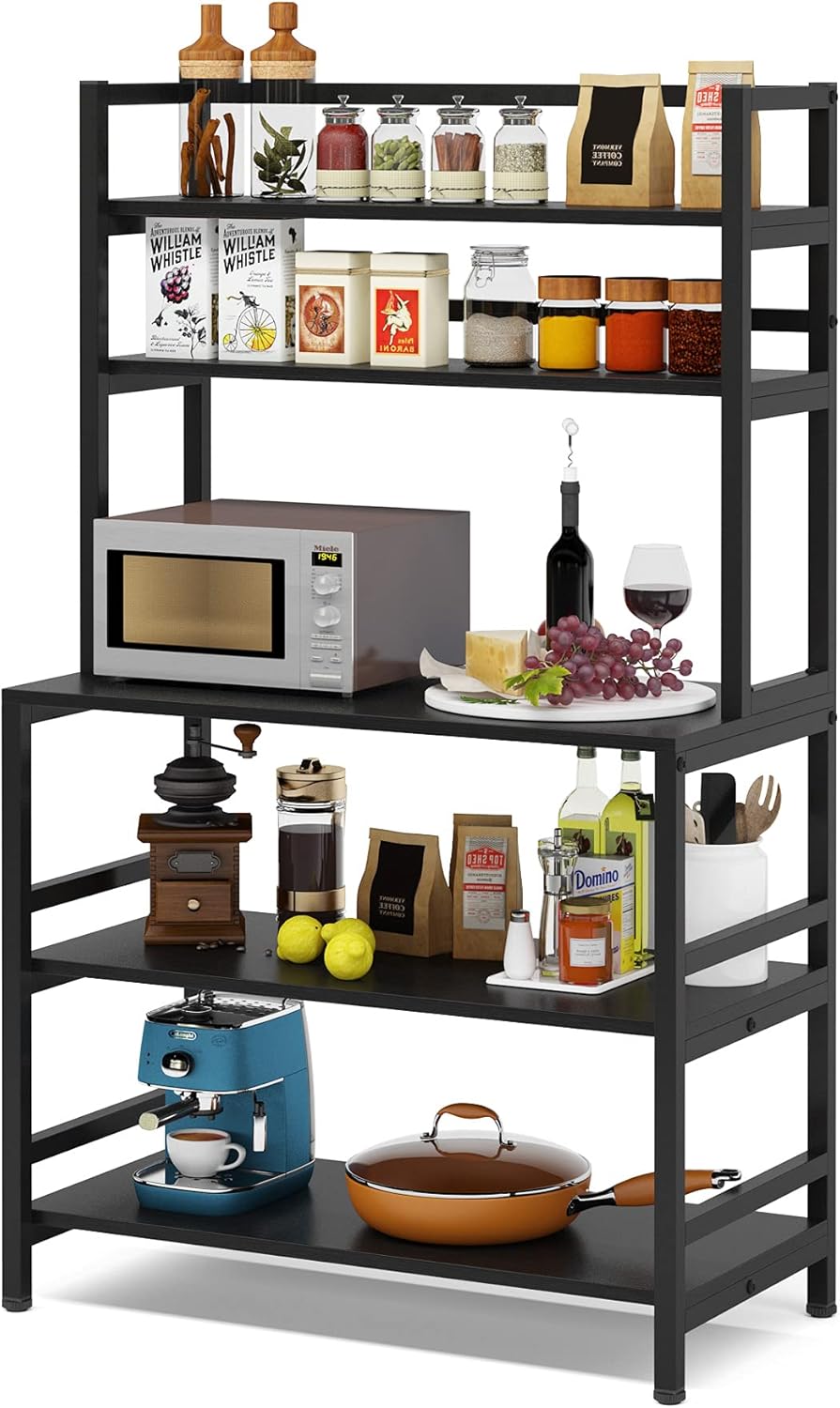 5-Tier Kitchen Bakers Rack with Hutch, Industrial Microwave Oven Stand, Free Standing Kitchen Utility Cart Storage Shelf Organizer (Rustic Brown) X44305