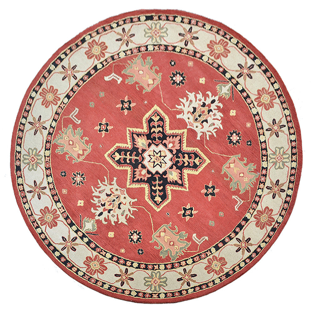 10'x10' Round Red Cream Hand Tufted Wool Area Rug S115
