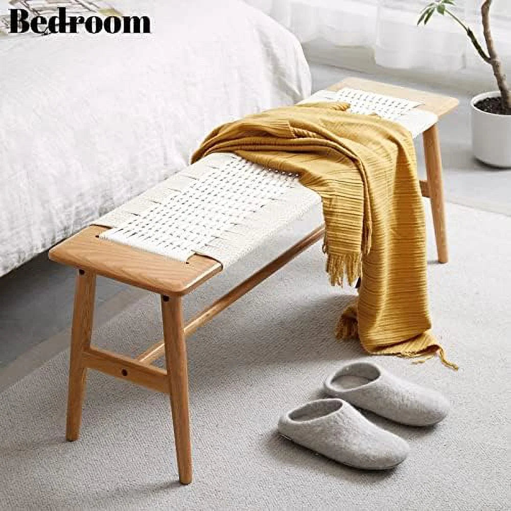 Wood Dining Bench Solid Oak with Rattan Design 31.49 inch S609