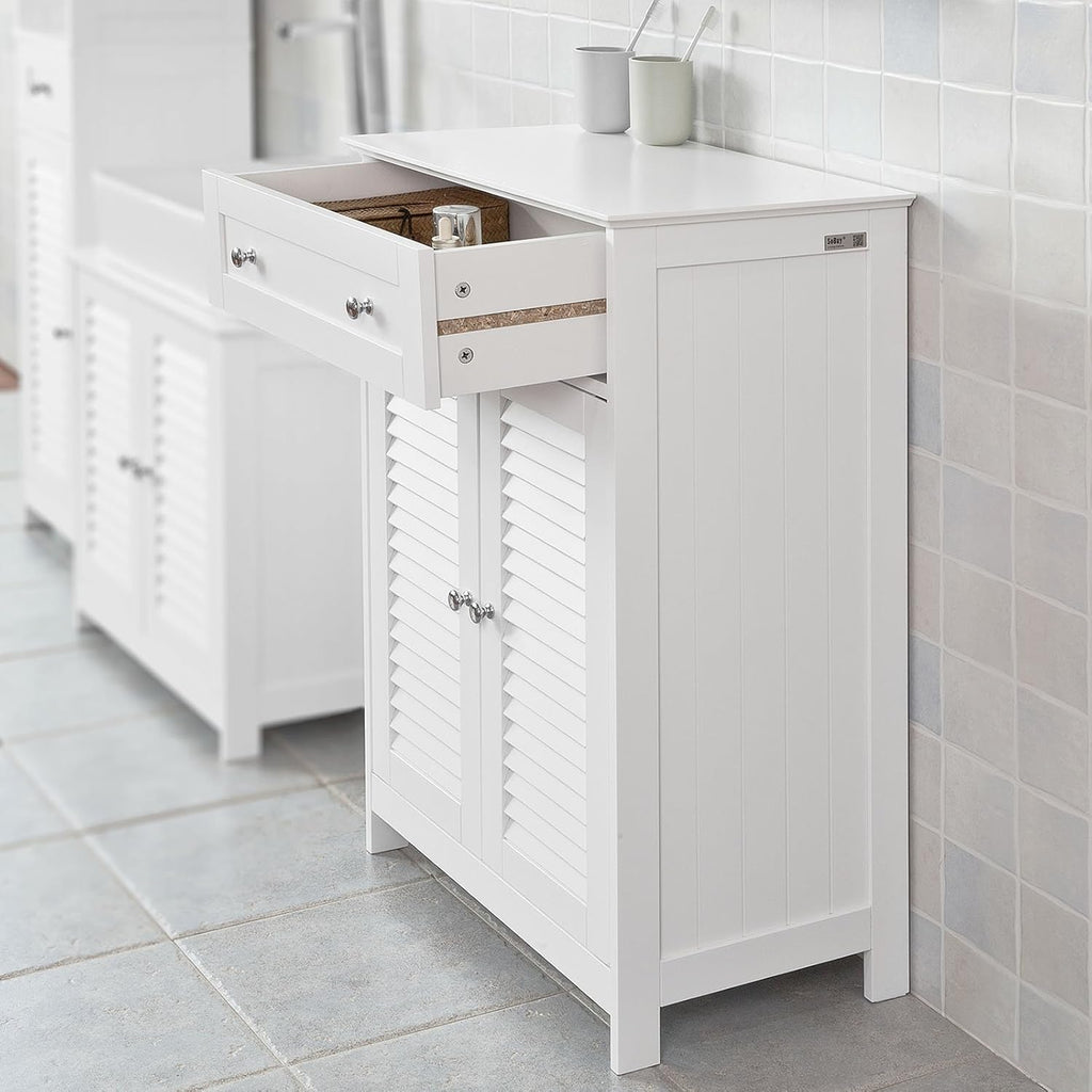 White Bathroom Storage Cabinet with Drawer and Adjustable Shelf D4181
