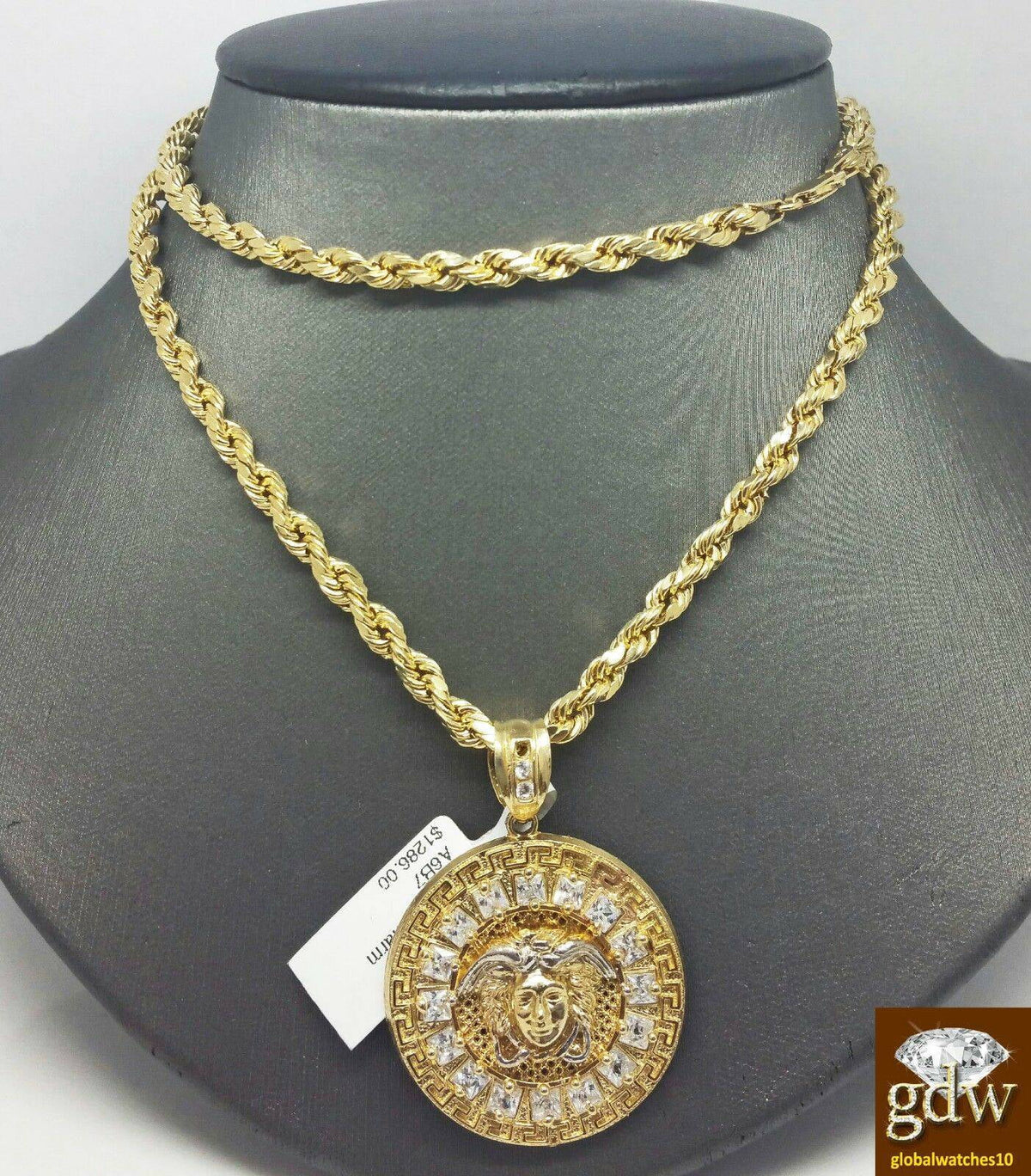 10k Gold Rope Chain Necklace 26 inch with 10k Pendant Charm A9068