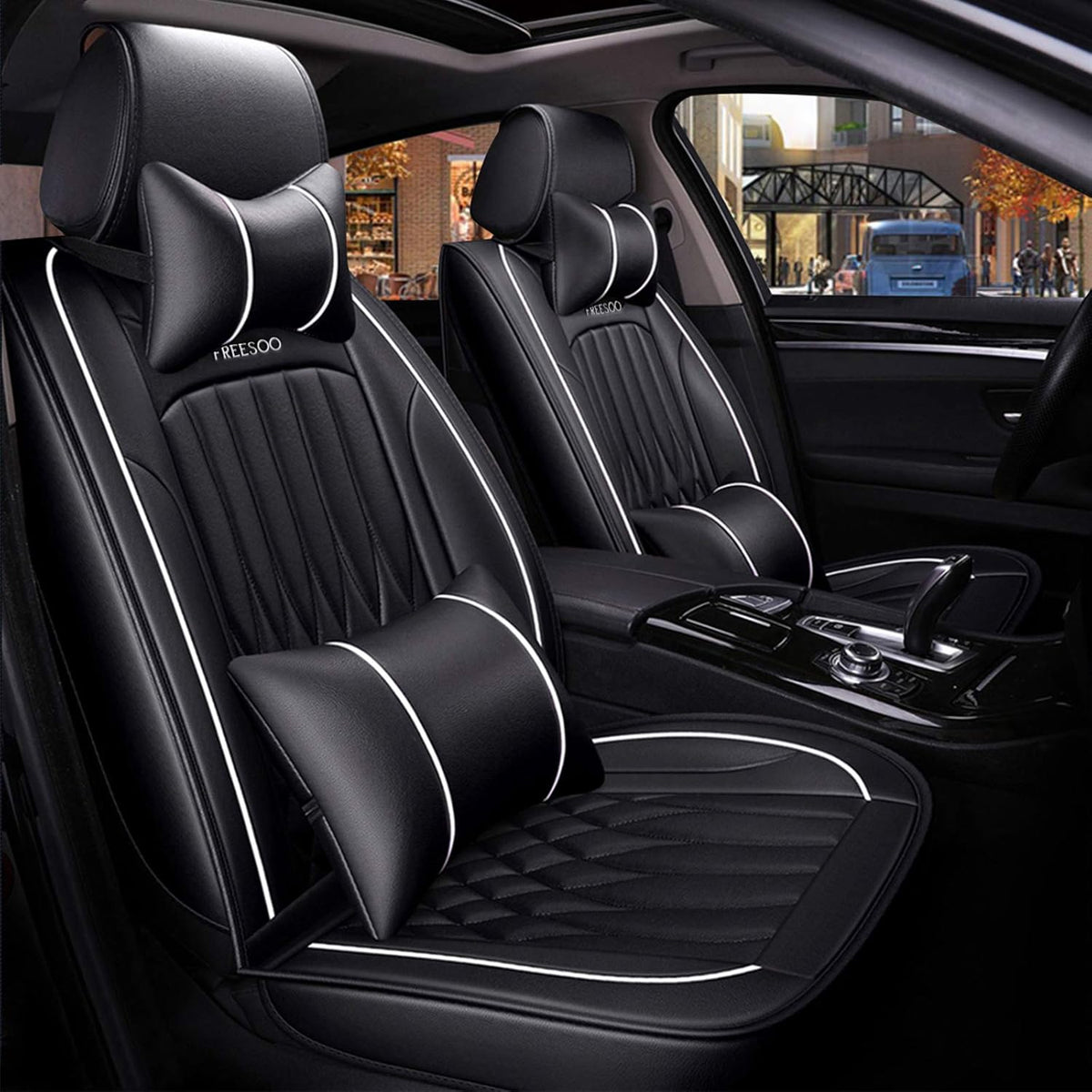 Black White Leather Car Seat Cover Full Set for 5 Seats G926681