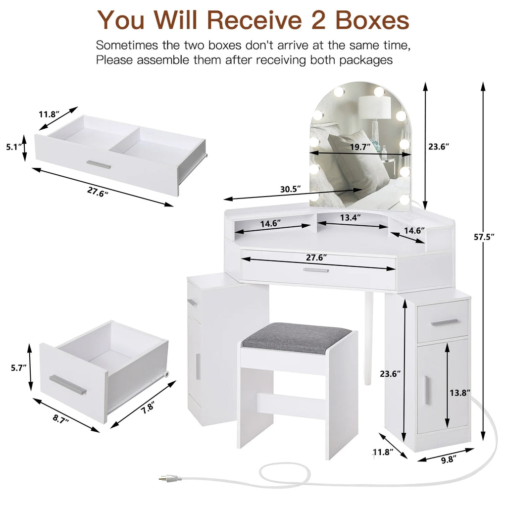 White Corner Vanity Set with Mirror and Stool T78247