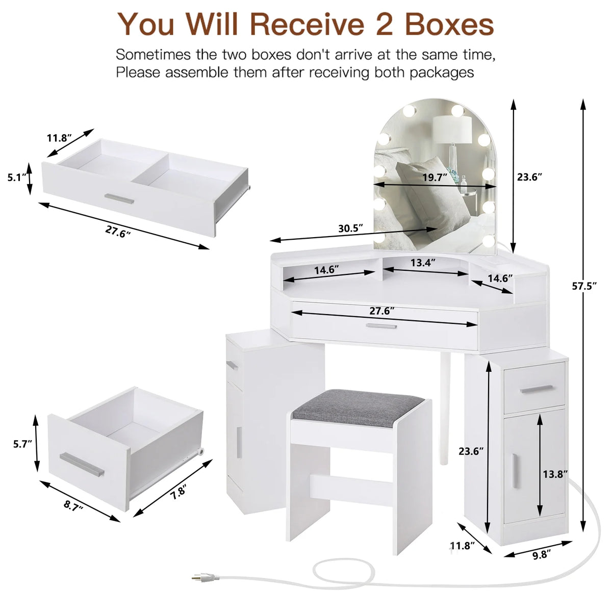 White Corner Vanity Set with Mirror and Stool T78247