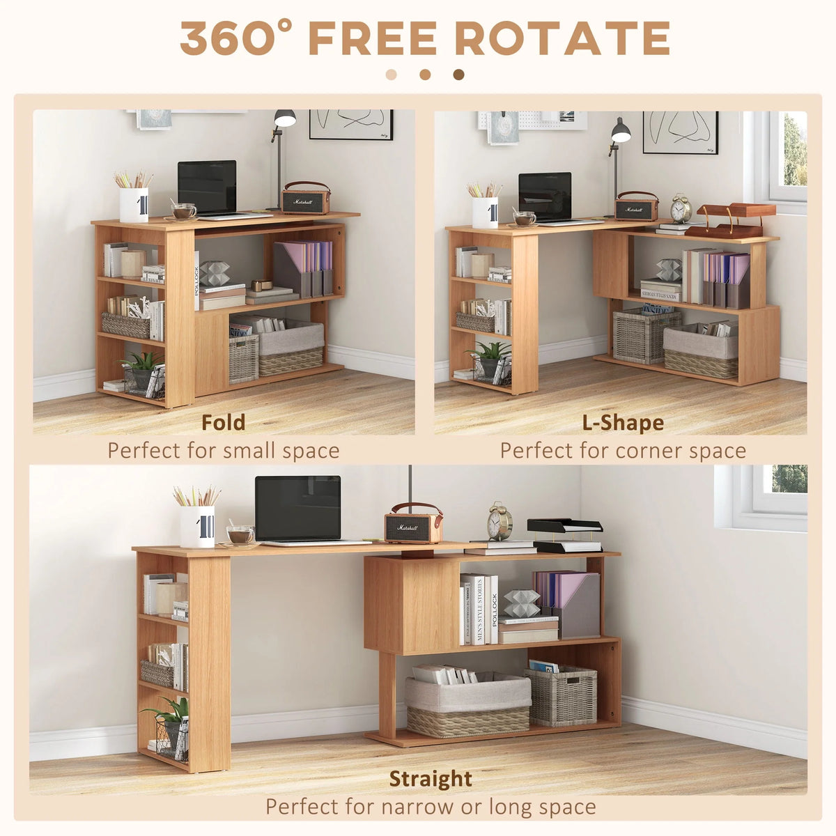 L Shaped Rotating Corner Desk with Bookshelves M6016