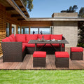7 Pieces Brown Rattan Patio Furniture Set with Red Cushions I3176