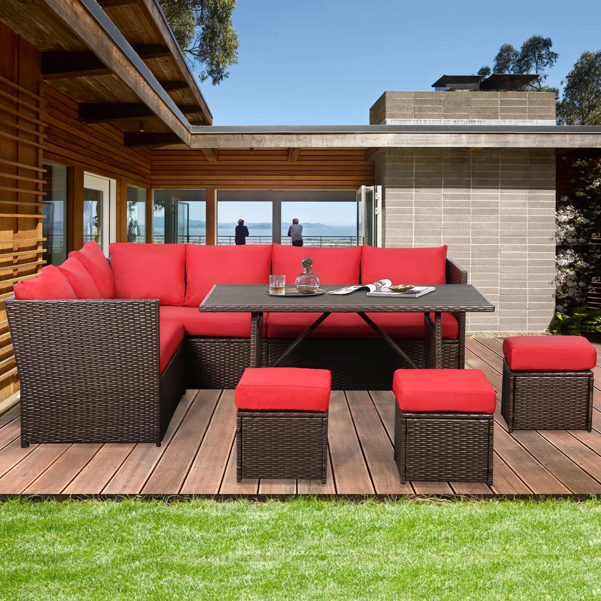 7 Pieces Brown Rattan Patio Furniture Set with Red Cushions I3176