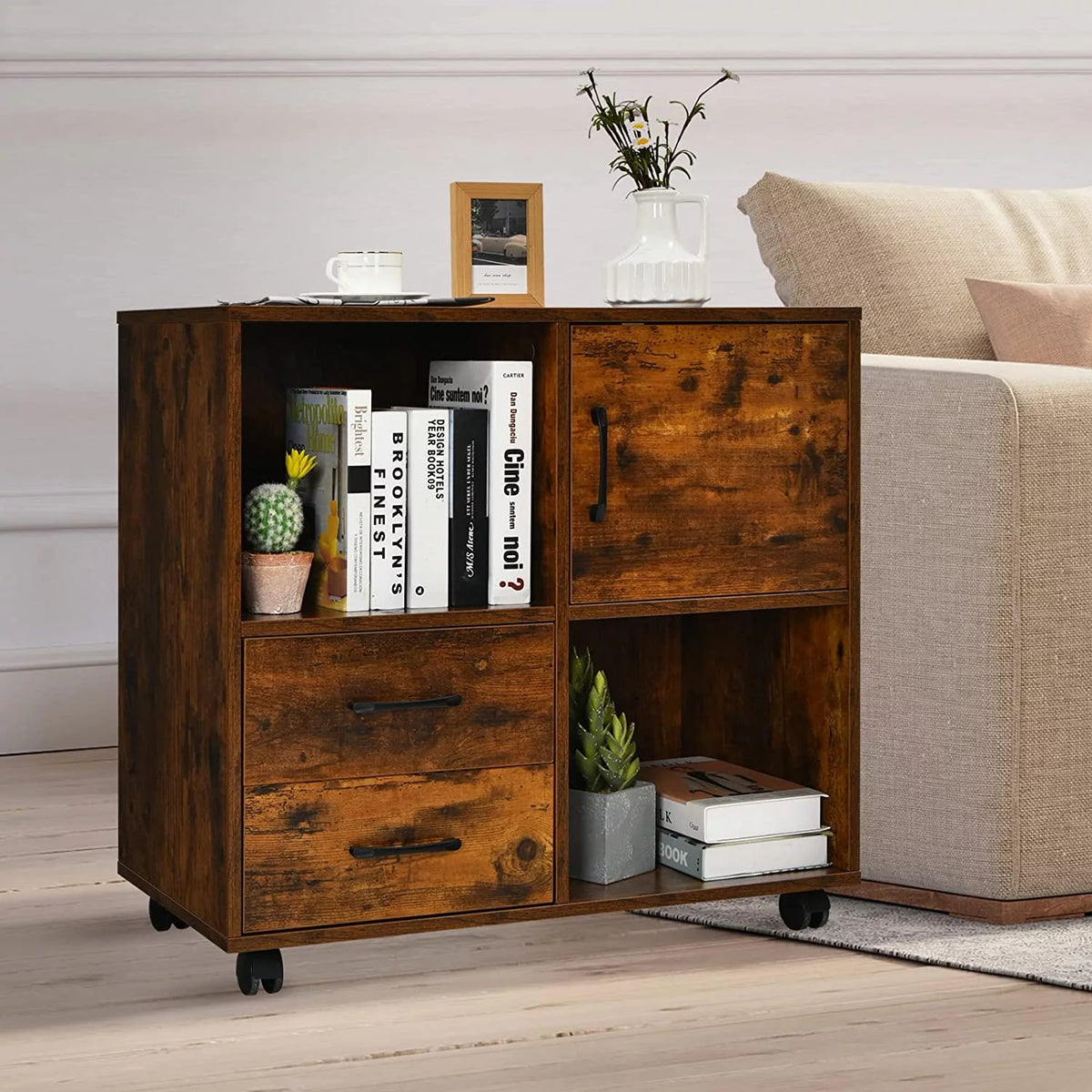 Rustic Brown Mobile Printer Stand with 2 Drawers C955459