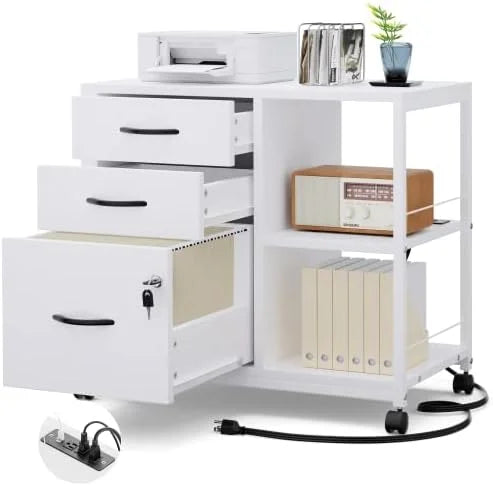 3 Drawer Wood File Cabinet with Socket and USB Charging Ports P7507