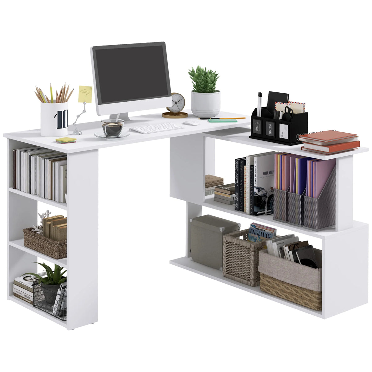 L Shaped Rotating Corner Desk with Bookshelves M6016