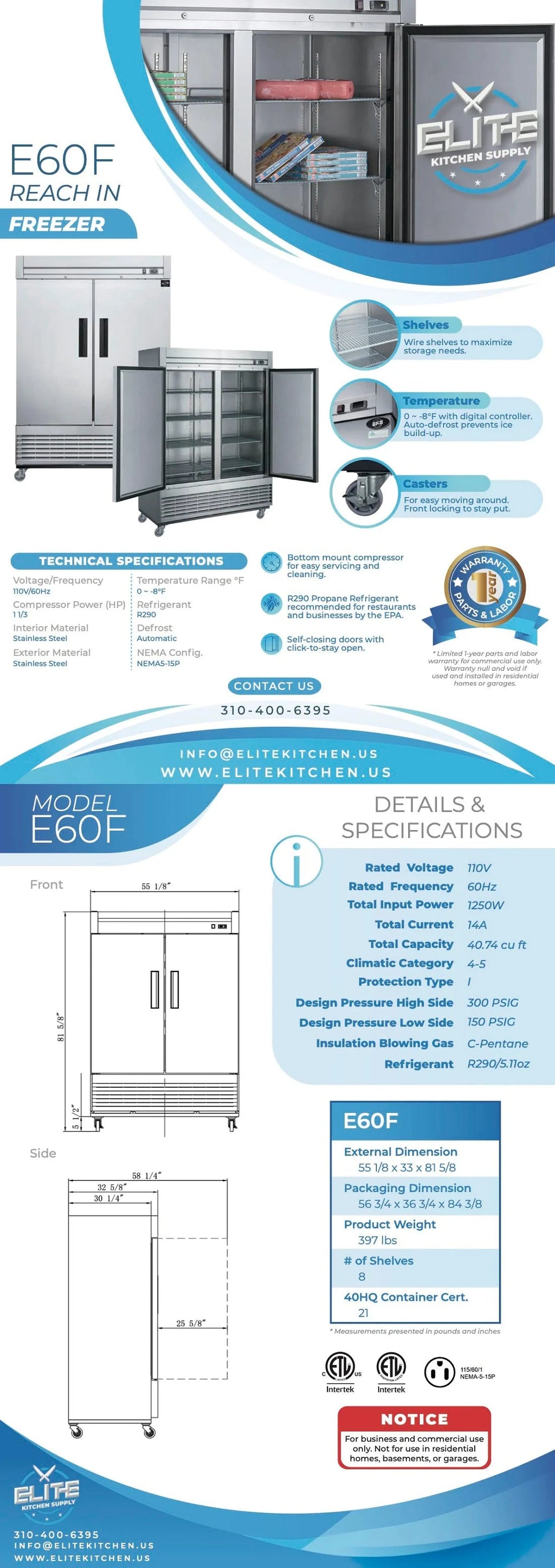 55 in. Two Door Upright Reach-in Freezer in Stainless Steel 40.7 Cu. Ft. N24648