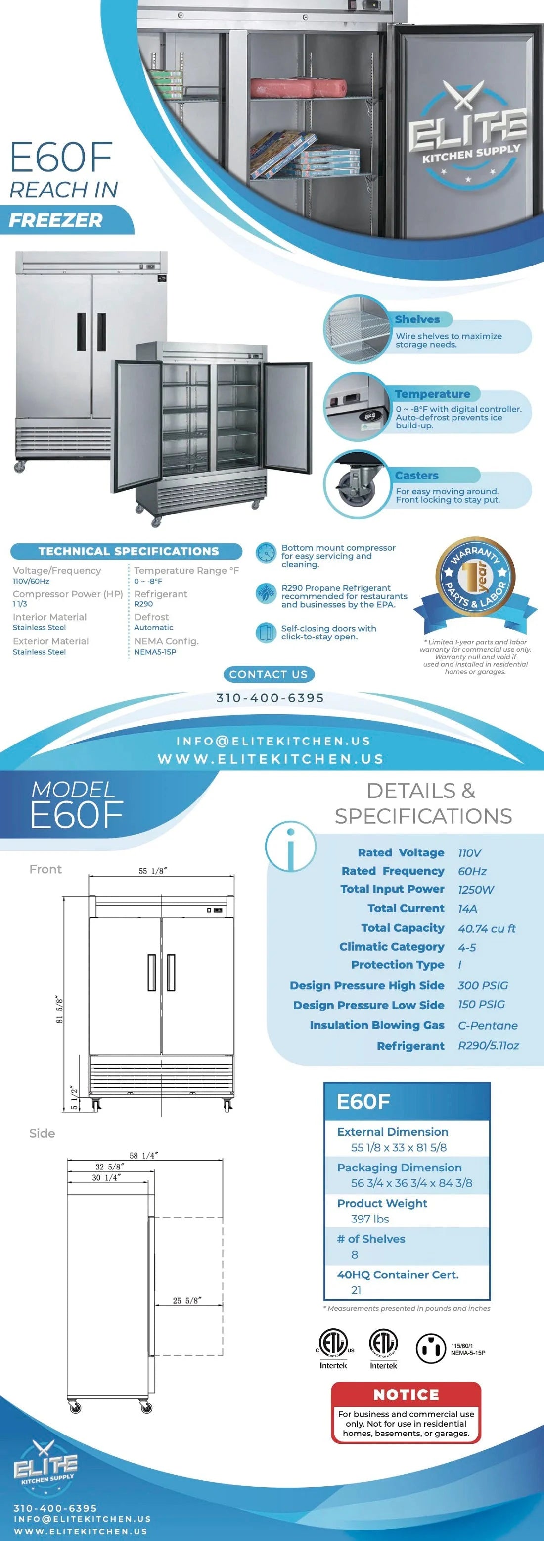 55 in. Two Door Upright Reach-in Freezer in Stainless Steel 40.7 Cu. Ft. N24648