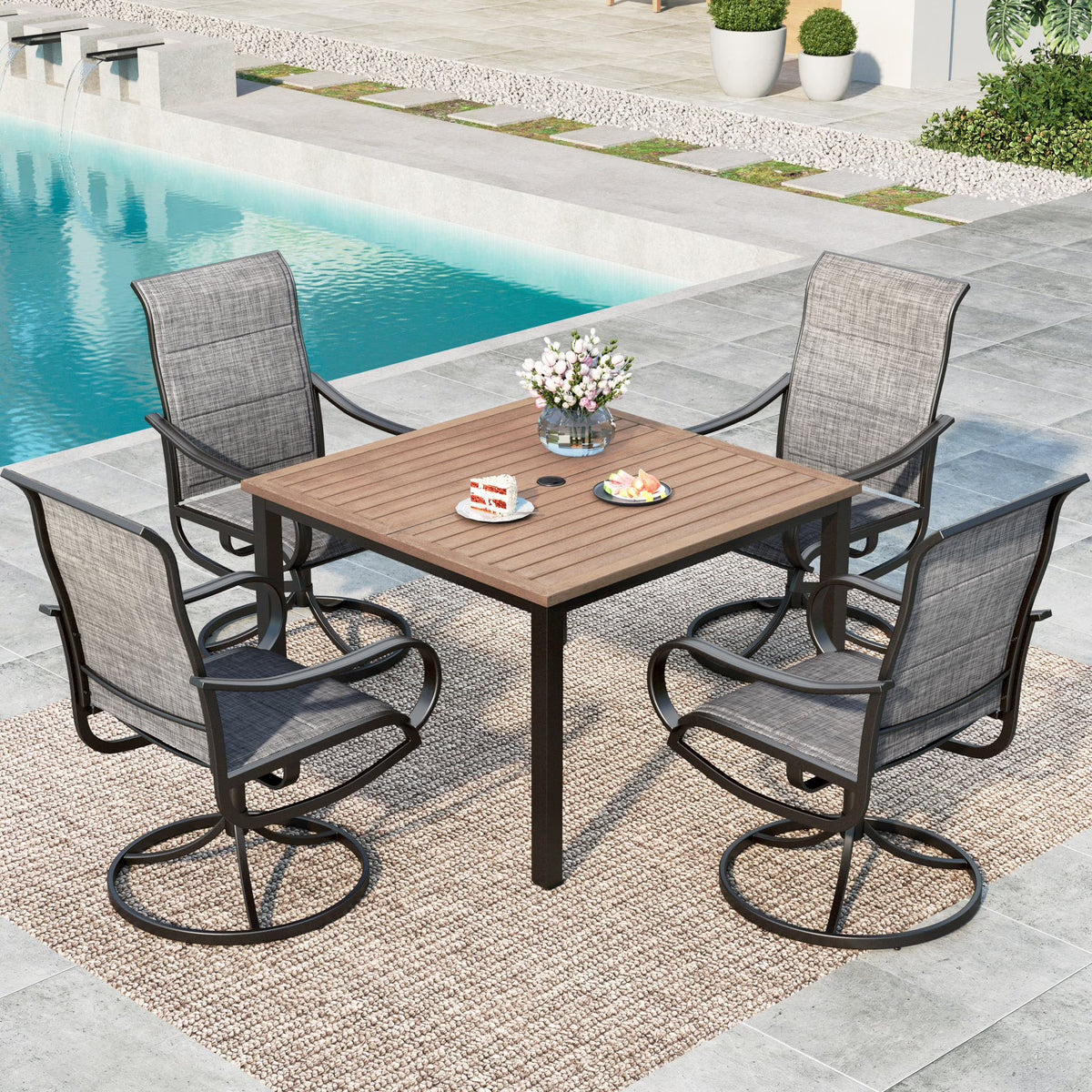 5-Piece Outdoor Patio Dining Set with High-Back Swivel Sling Chairs & Wood-Like Table, Black & Gray N82625