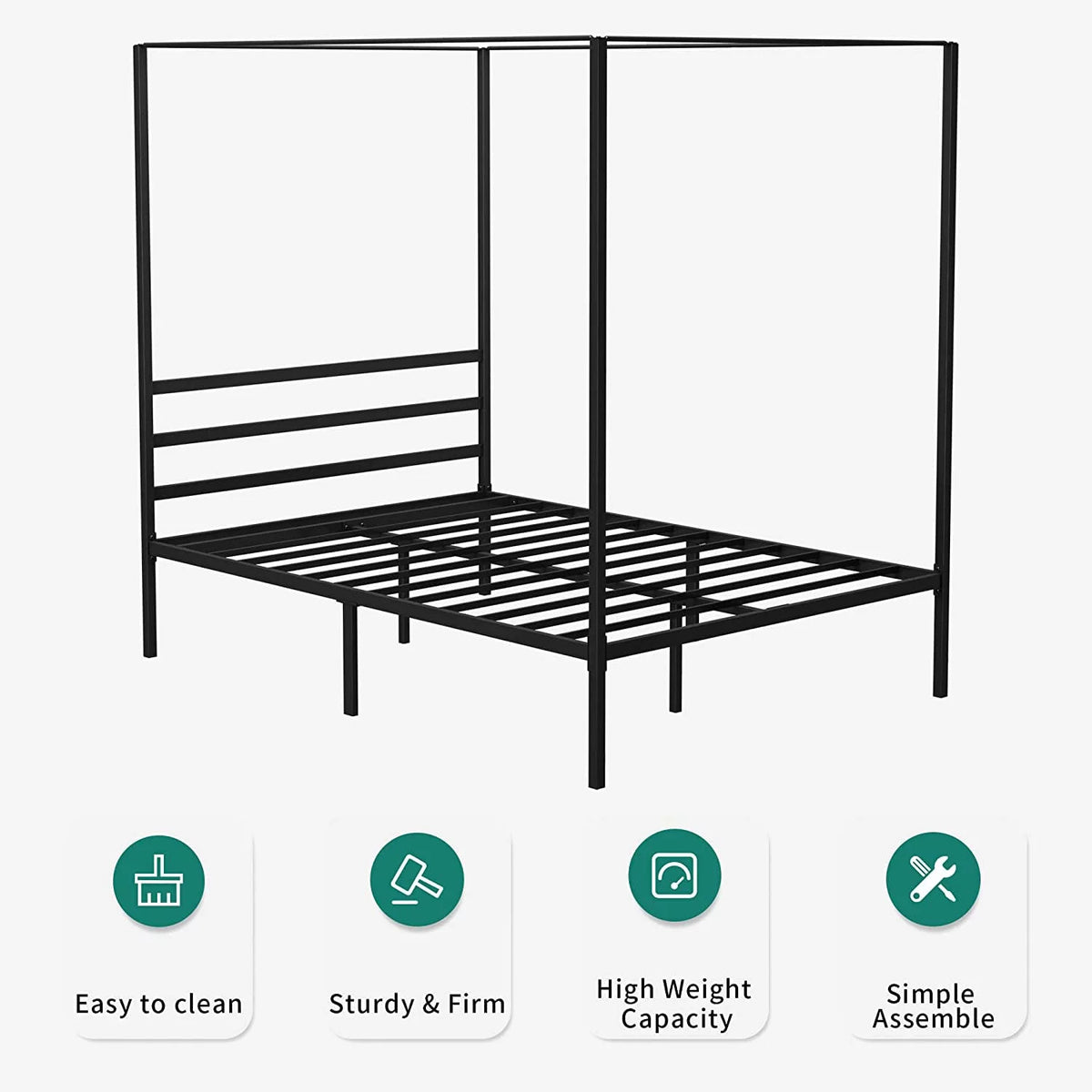 Queen Size Black Metal Canopy Bed Frame with Headboard X30077