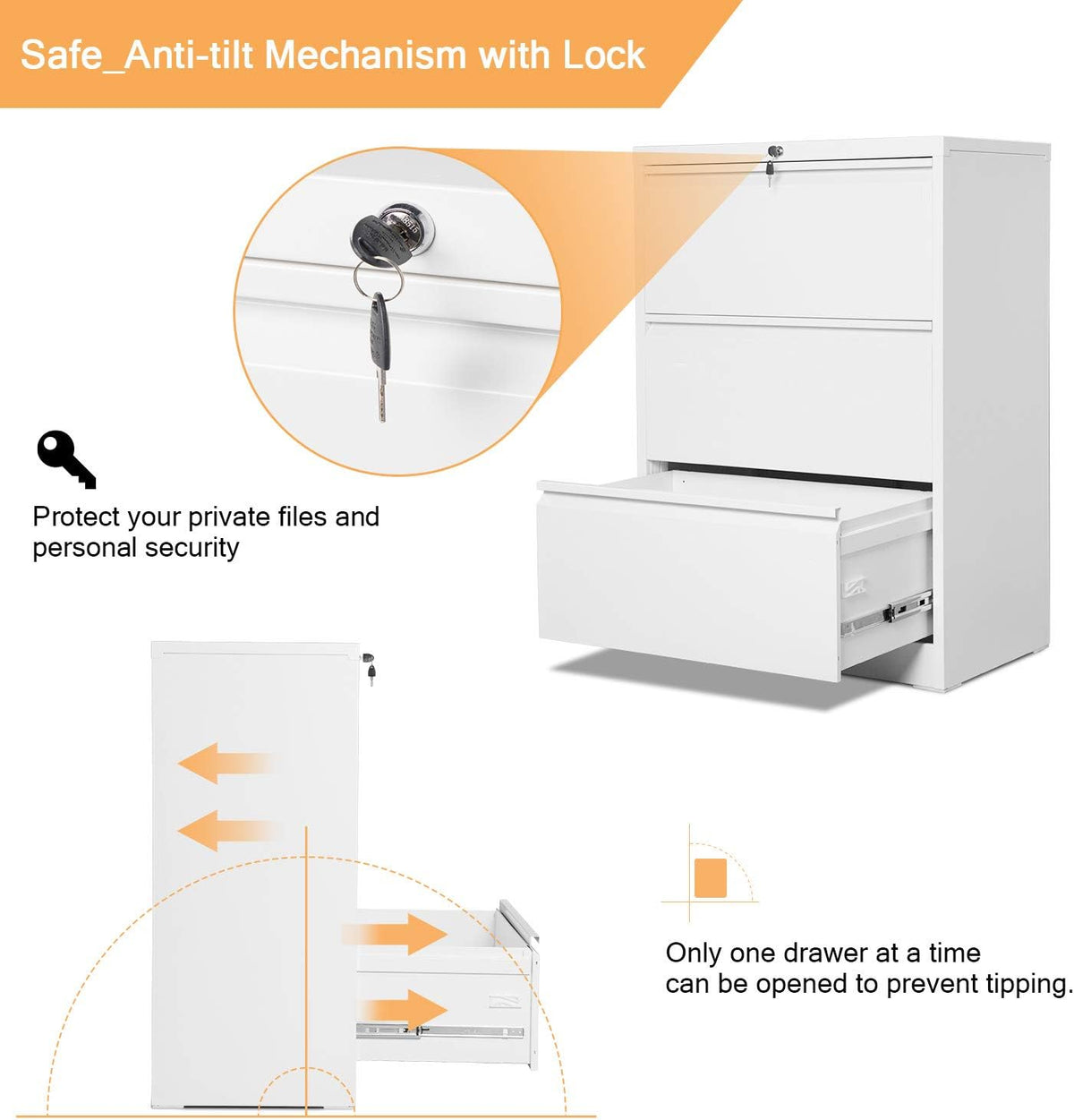 3 Drawer White Metal Lateral File Cabinet with Lock G124985