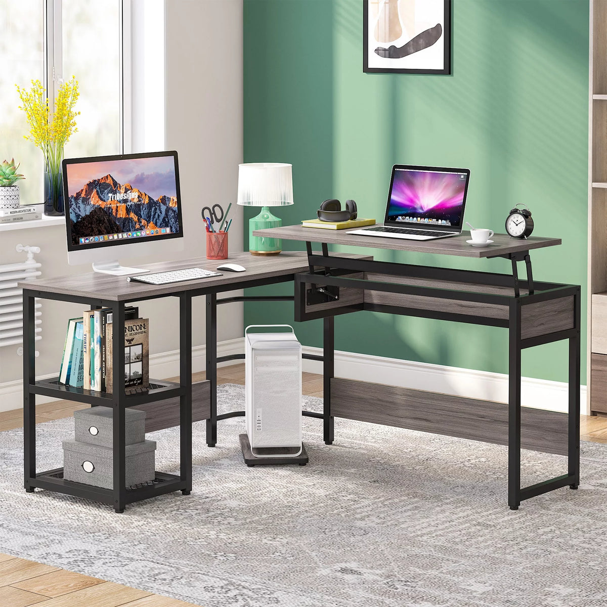 L-Shaped Height Adjustable Computer Desk with Shelves K282888
