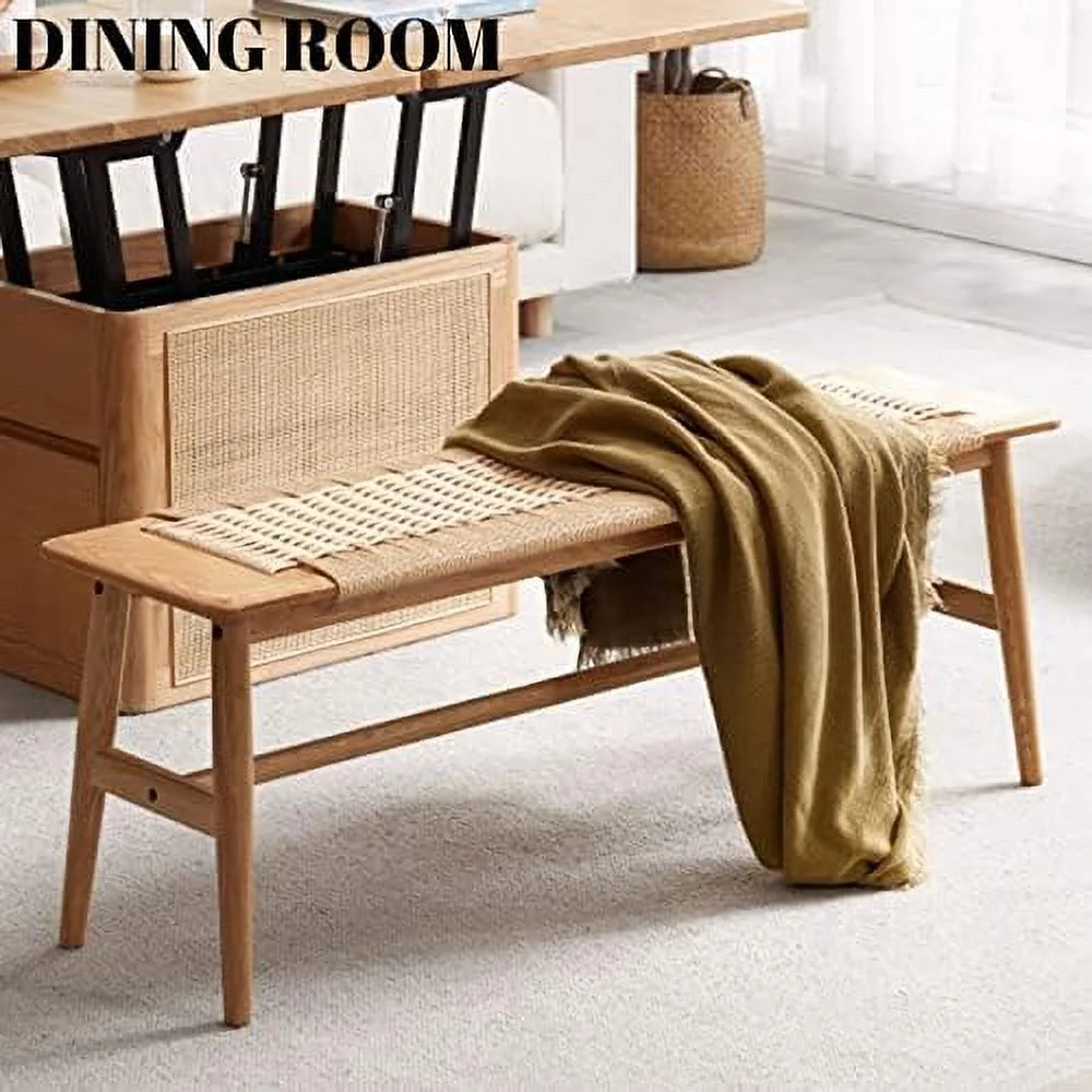 Wood Dining Bench Solid Oak with Rattan Design 31.49 inch S609