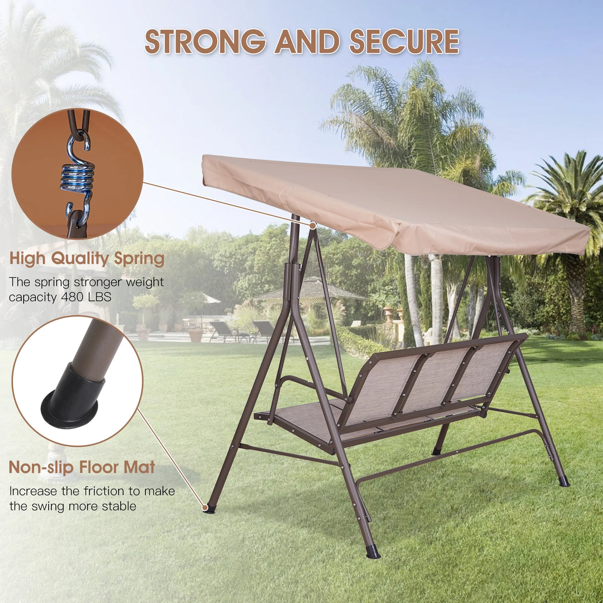 Outdoor Swing With Canopy, 3-Person, Beige C140