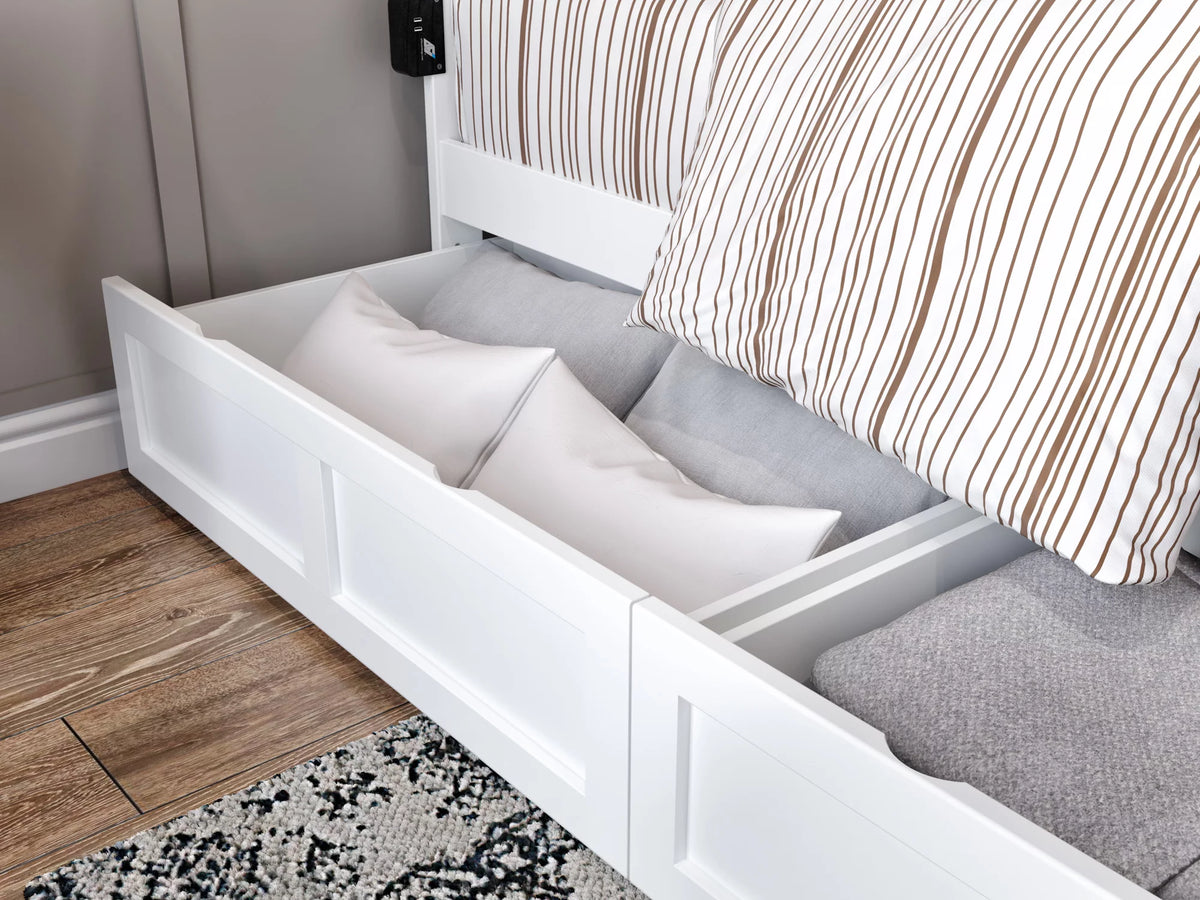 White Full Wood Platform Bed with Headboard and 2 Storage Drawers I52924