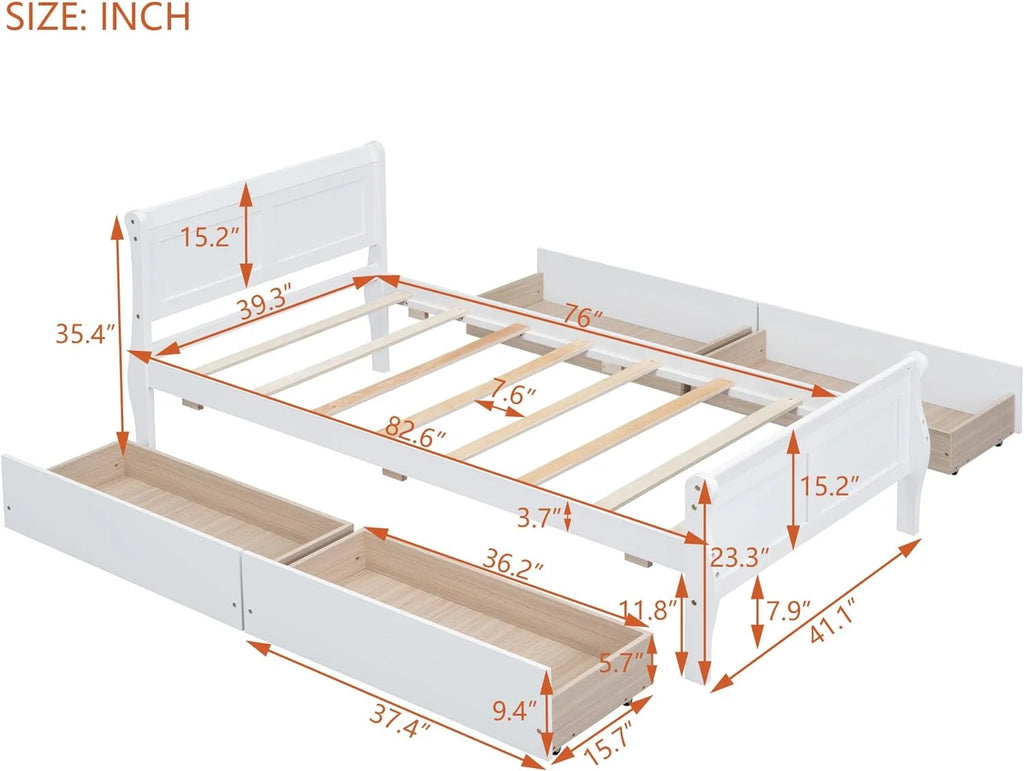 White Wood Platform Bed with 4 Storage Drawers I362592