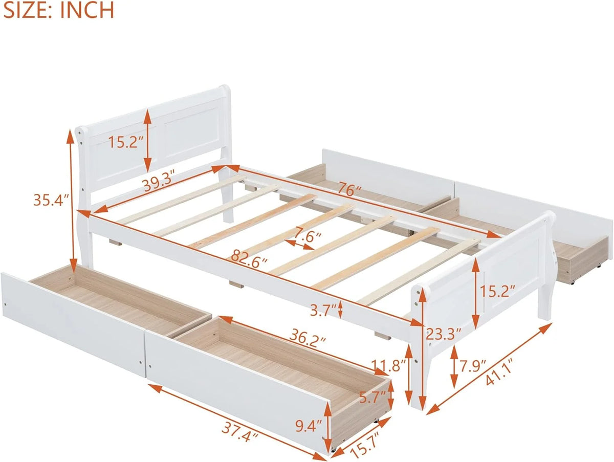 White Wood Platform Bed with 4 Storage Drawers I362592