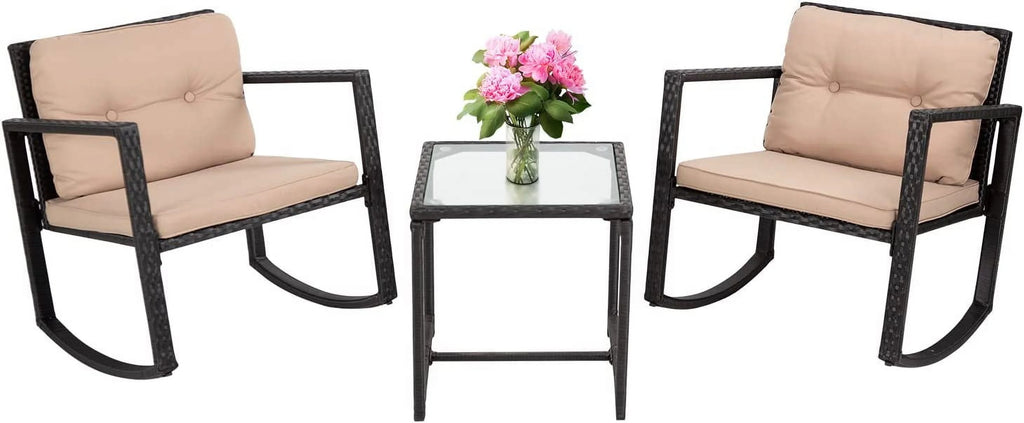 3 Pieces Wicker Outdoor Set with Tempered Glass Coffee Table E542