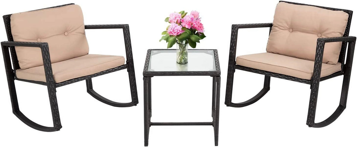 3 Pieces Wicker Outdoor Set with Tempered Glass Coffee Table E542