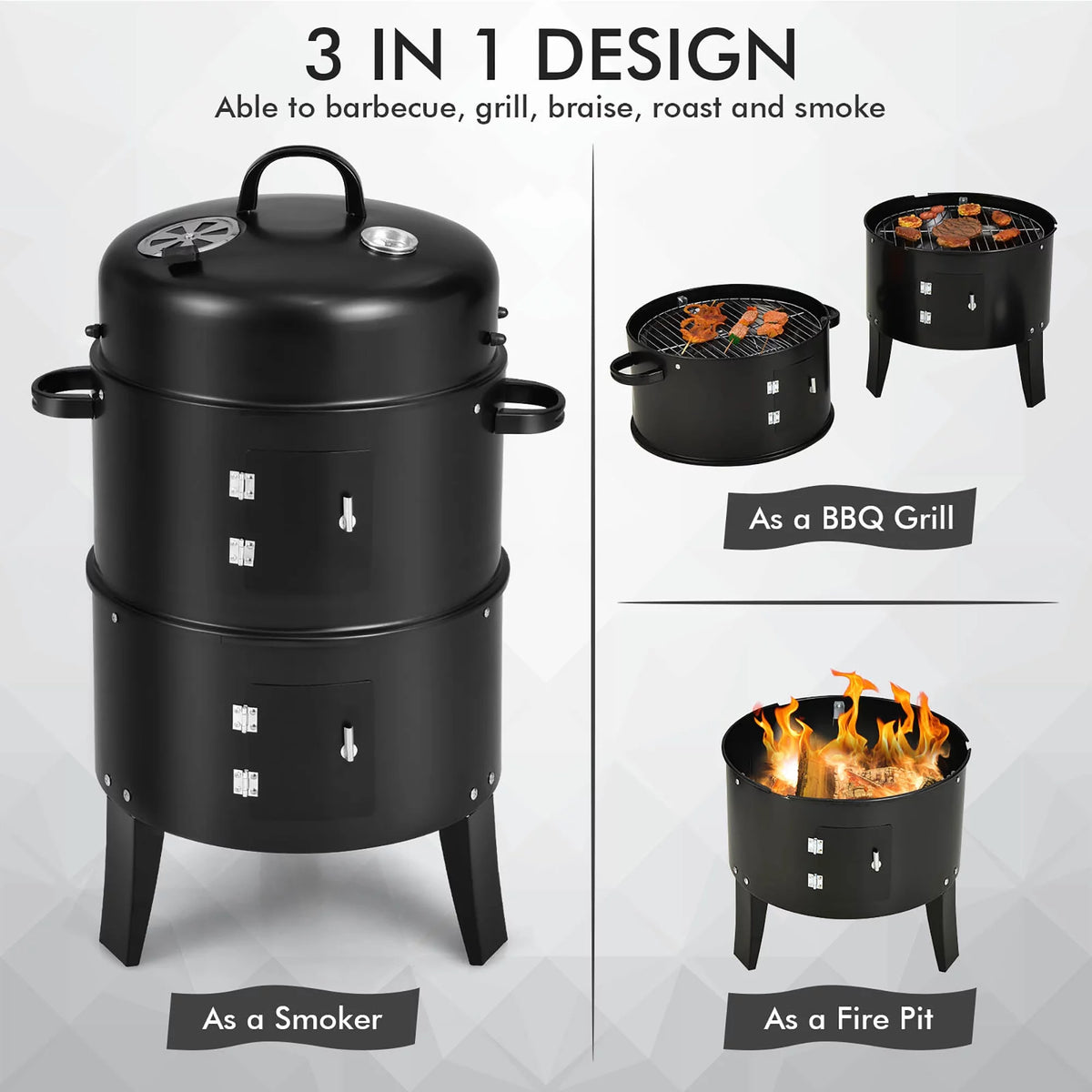 3-in-1 Vertical Charcoal Smoker Grill with 2 Layer O541