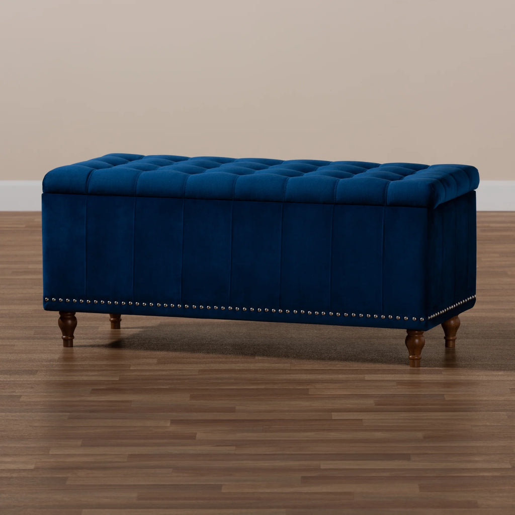 Navy Blue Velvet Button-Tufted Storage Ottoman Bench Y35639