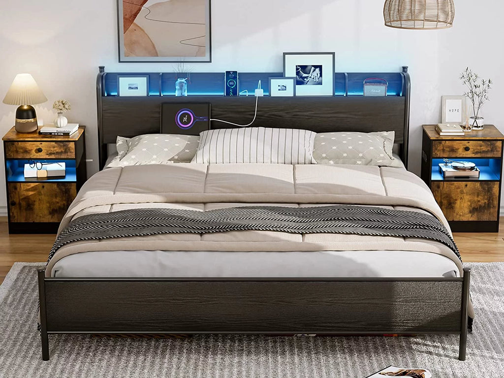 California King Metal and Wood Platform Bed Frame with Storage Shelf Headboard and Charging Station T46836